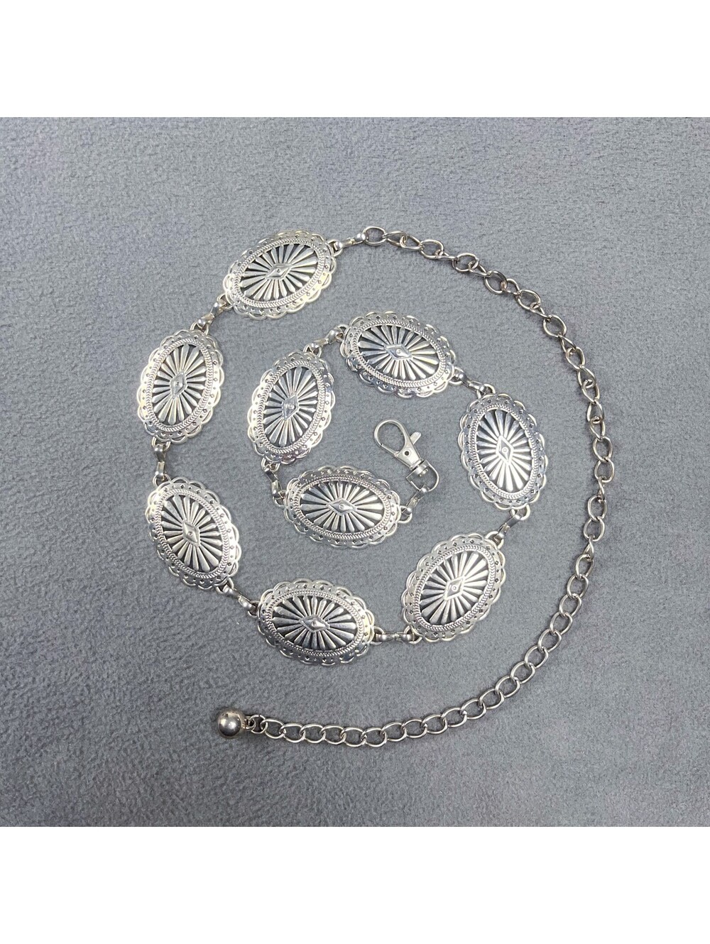 Vintage Chain Belt, Silver Tone Metal Concho Medallions
